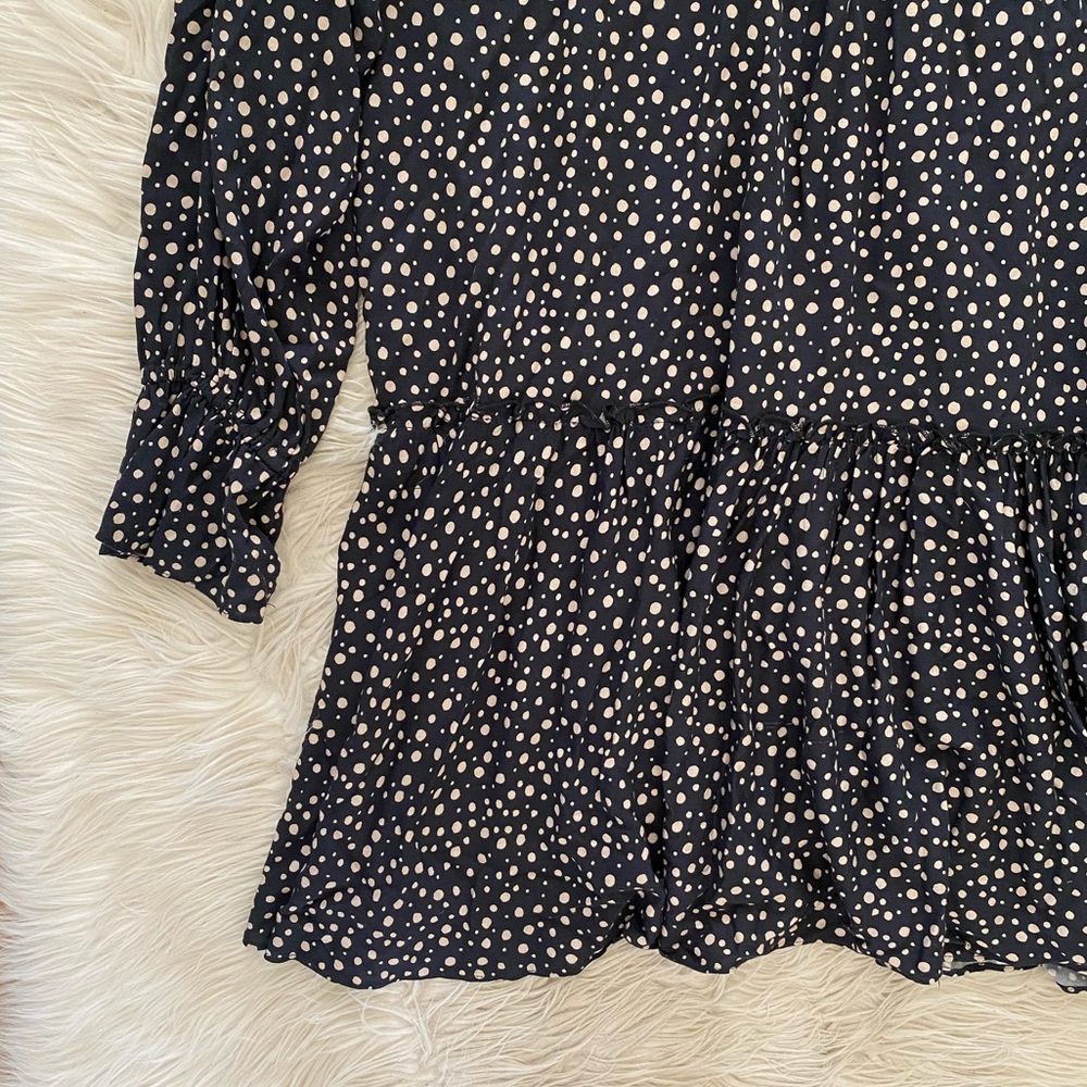 11 Honore Black Tan Scatter Polka Dot Long Sleeve Tie V-Neck Flowy Mini Dress - Picture 8 of 12